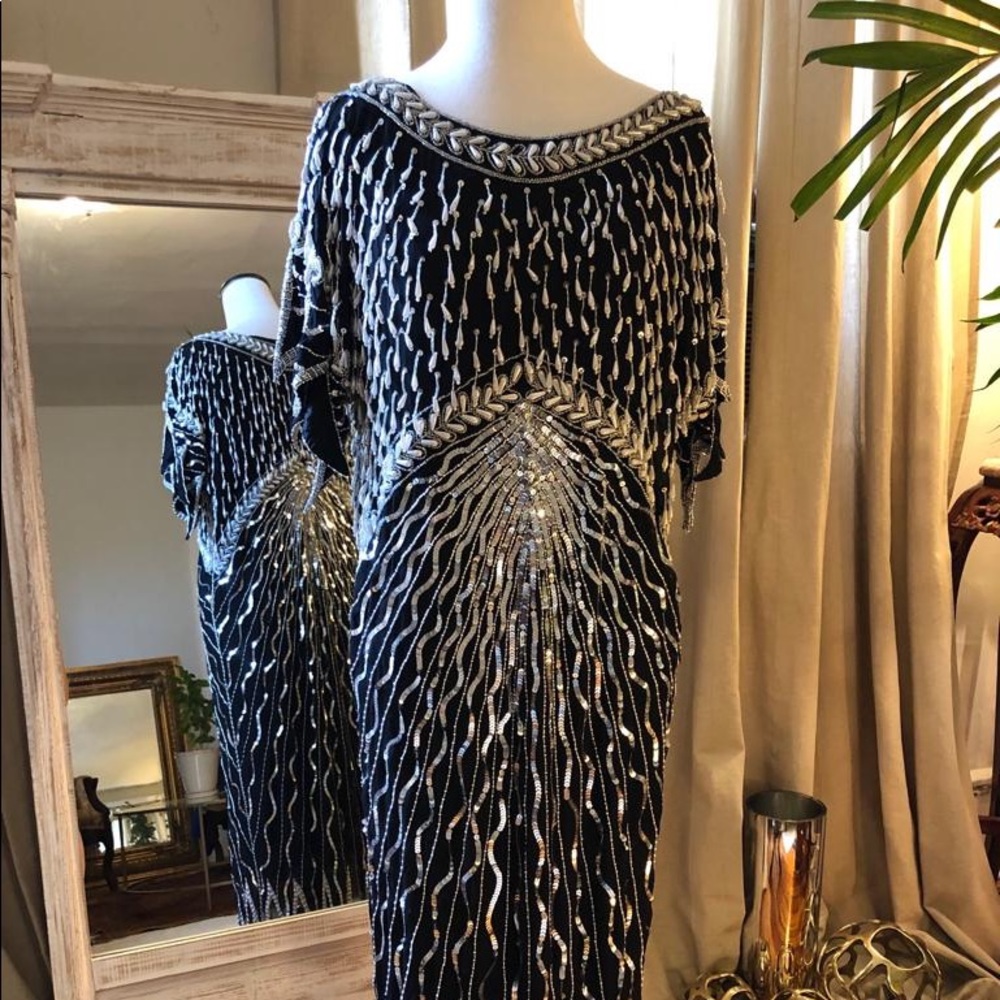 Vintage Beaded Black Silk Dress